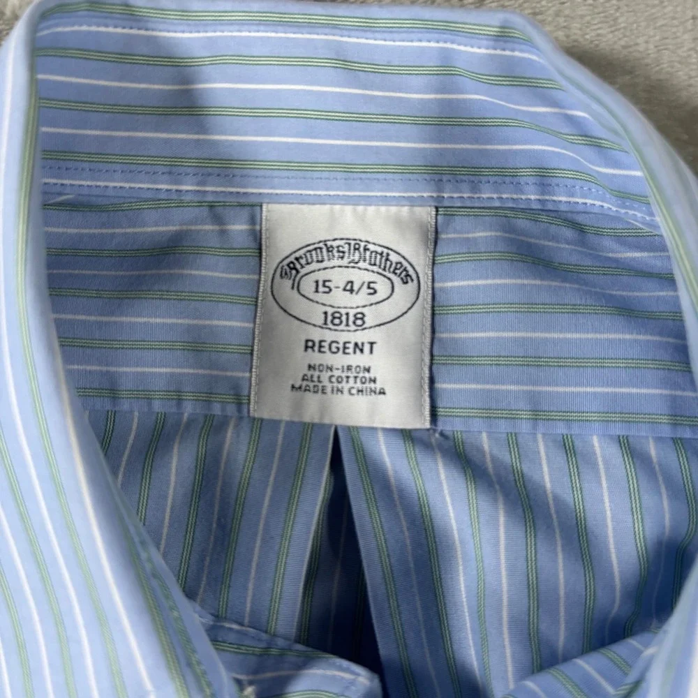 Brooks Brothers 1818 Regent Dress Shirt Mens 15 4/5 Blue Green Striped Non-Iron